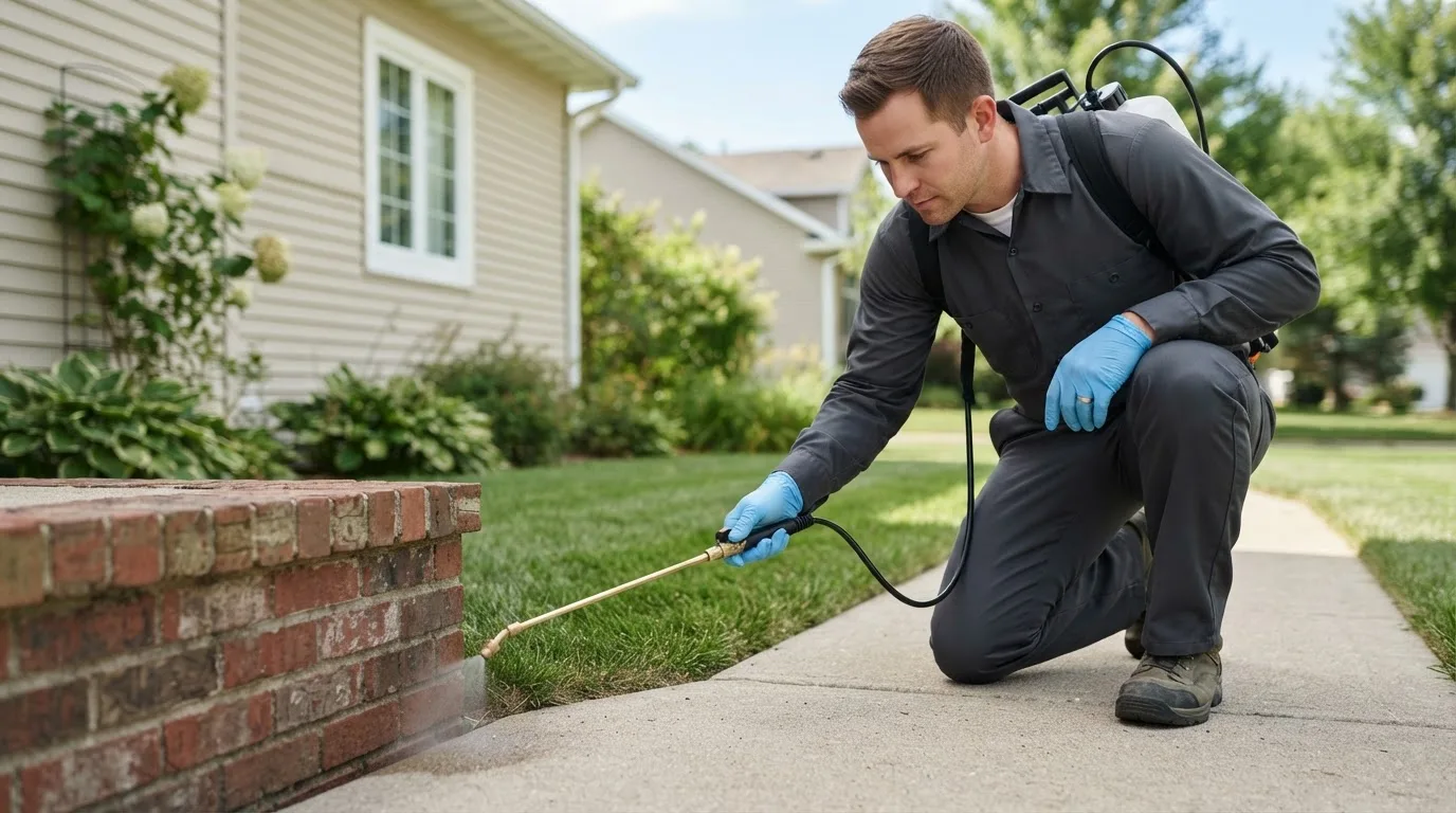 Pest control technician treating a home near New Bethlehem, PA
